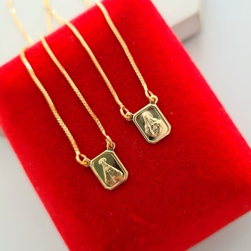 Escapulário Nossa Senhora Aparecida e Sagrado Coração de Jesus banhada a ouro 18k
