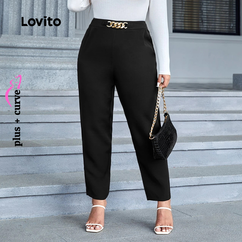 (Trendy) Lovito Calça Plus Size Curva Elegante De Metal Liso Para Mulheres LBL24575 - Women Clothes