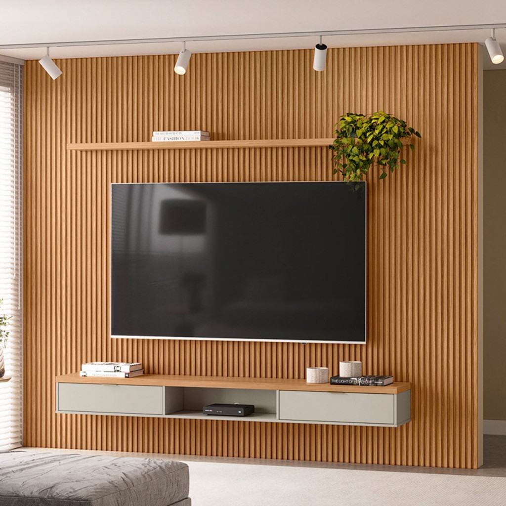 Painel Tv Até 75 Polegadas Sydnei 2 Portas 300 Cm Ripado Nature/Off White Pnr Móveis