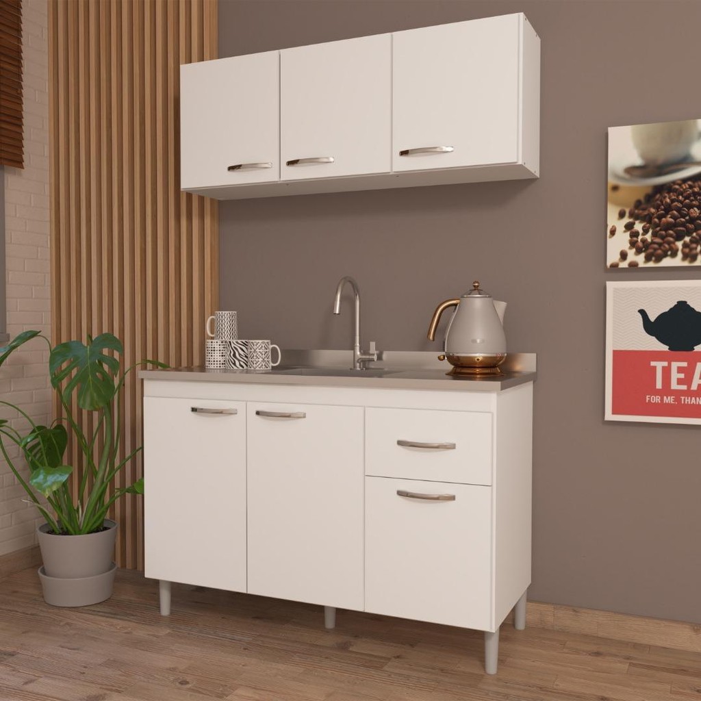 Cozinha Modulada Compacta Fidelitá Suiça 2 Peças 6 Portas 1 Gaveta Sem Tampo Branco em Oferta na Shopee
