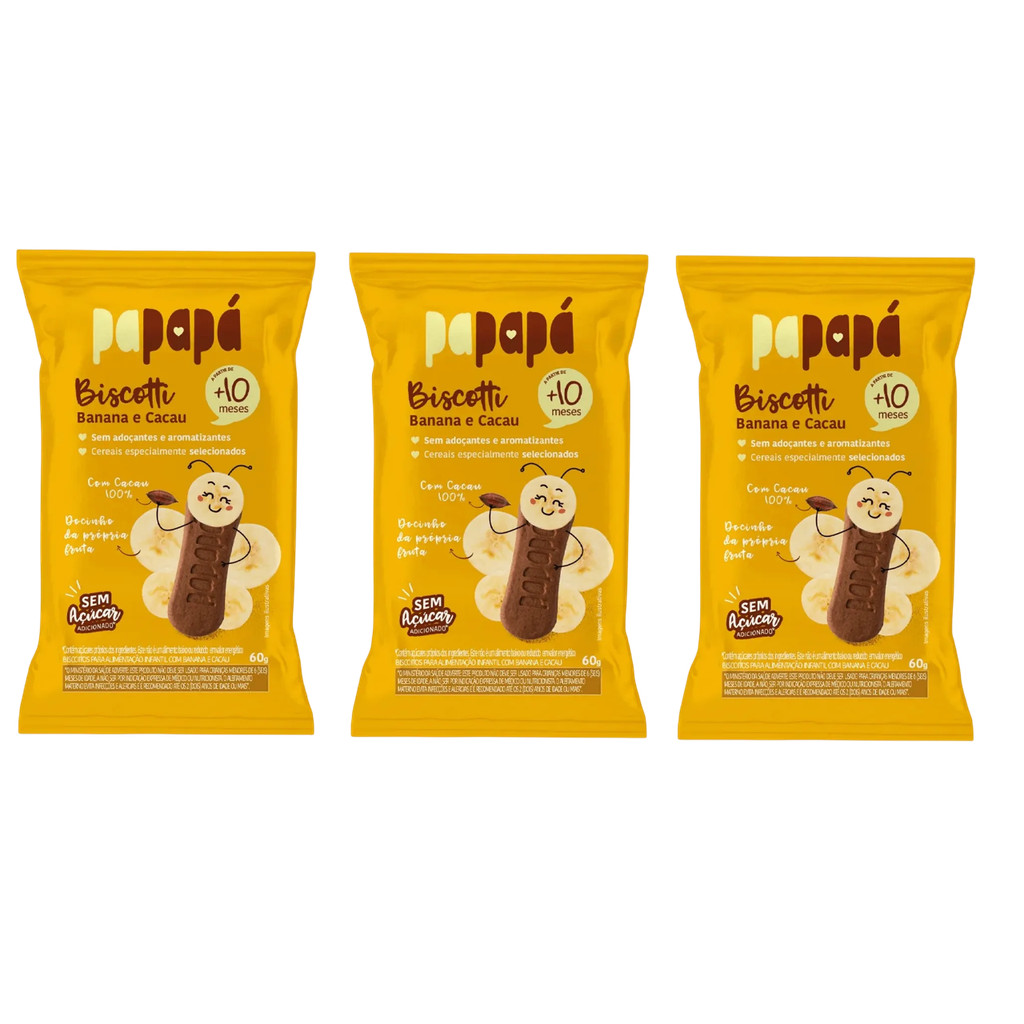 Kit 3x Biscoito Infantil Biscotti Banana E Cacau Papapá  60g