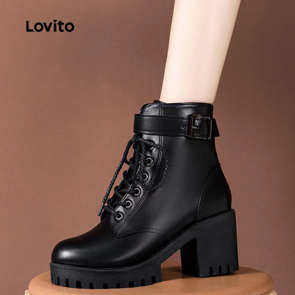 Lovito Botas Pretas Básicas Casuais Lisas Com Cadarço E Salto Grosso Ondulado Para Mulheres LFA82115 - Women Shoes