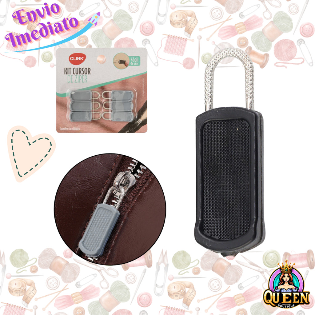 Kit Cursor de Zíper com 6 ou 12 Peças 3,5x1,2cm Preto ou Cinza