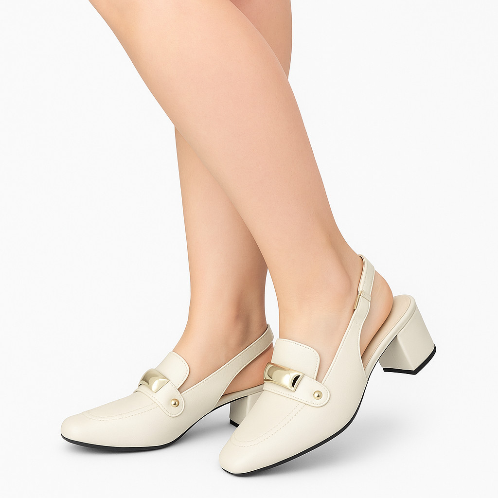 Slingback Sapato Mule Sandália Feminina Salto Médio com Fivela Dourada Bico Fino Confortável
