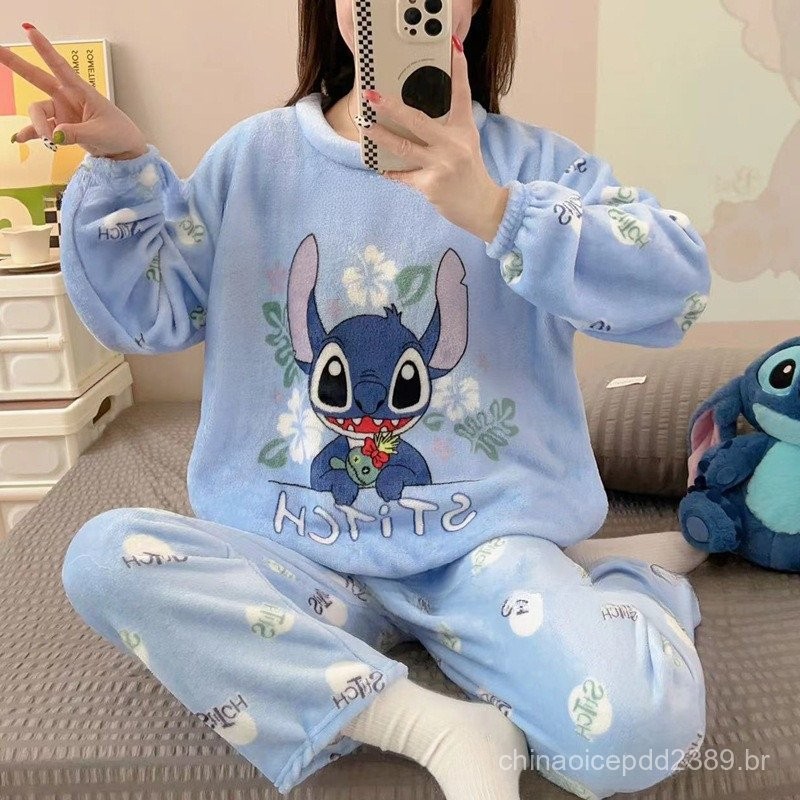 [Envio em 48 Horas] Pijamas de Flanela Casual para Mulheres, Manga Longa, Calças de Pijama de Coral Fleece, Pijamas de F