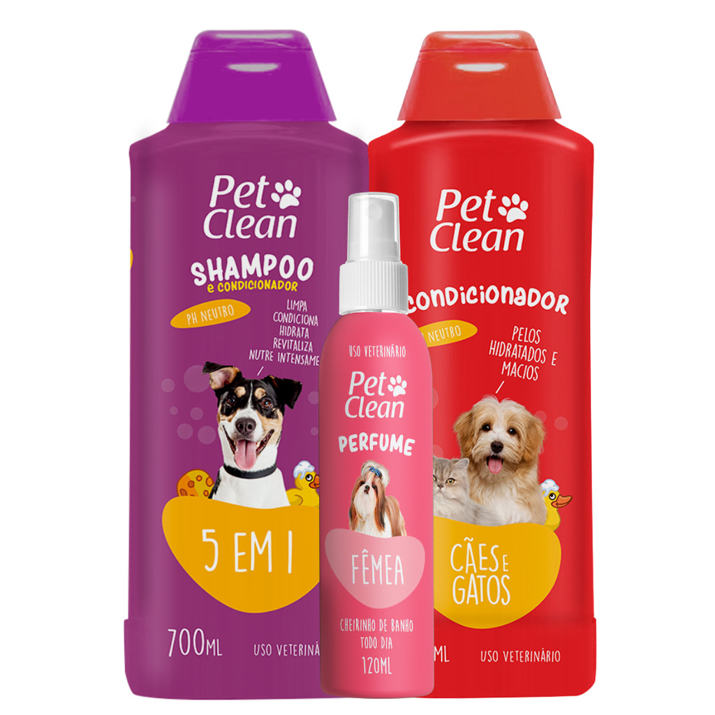 Kit Banho Shampoo 5 em 1, Condicionador de Pelos e Perfume para Cachorro e Gato Pet Clean