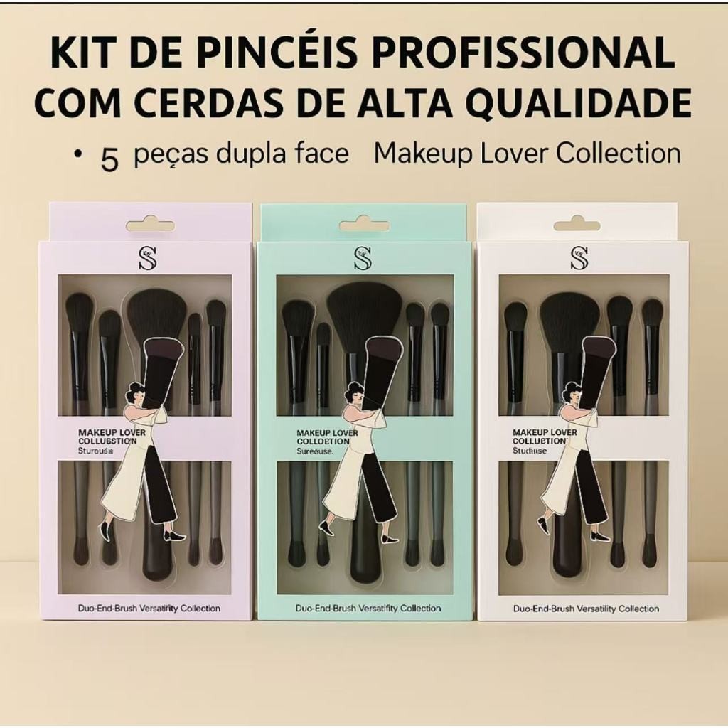 ANA1108 Kit de Pincéis de Maquiagem Profissional com Cerdas de Alta Qualidade–5 Peças Dupla Face - Beauty