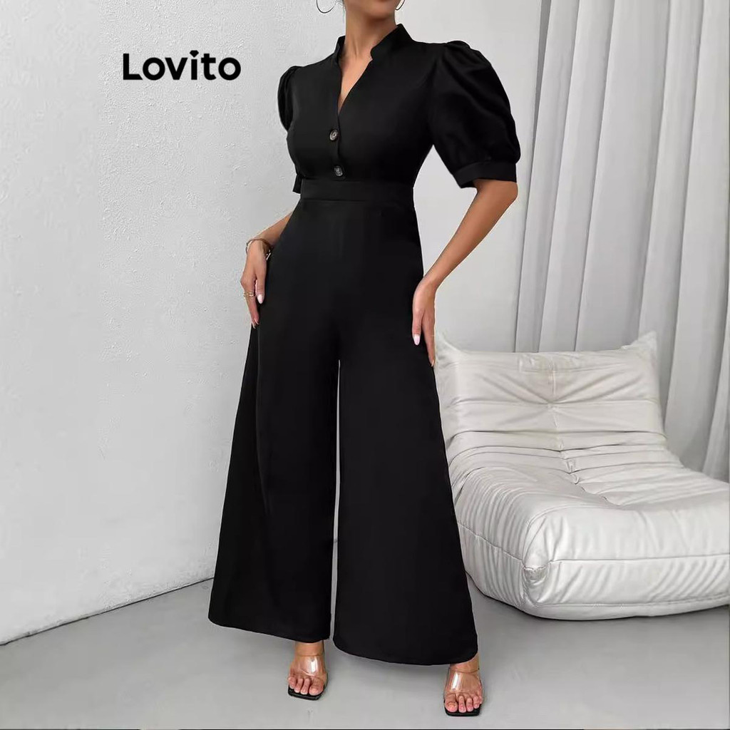 Lovito x Glenda Macacão Elegante Com Botão De Verão/Primavera Para Mulheres LNL87007 em Oferta na Shopee
