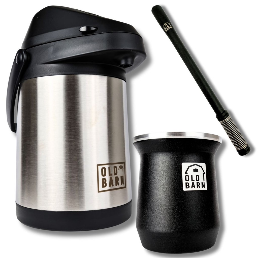 Kit Tereré Inox 1 Garrafa Térmica 2,5L 1 Cuia Parede Dupla 300ml 1 Bomba Tereré Preta Cor Black Mola Externa Old Barn