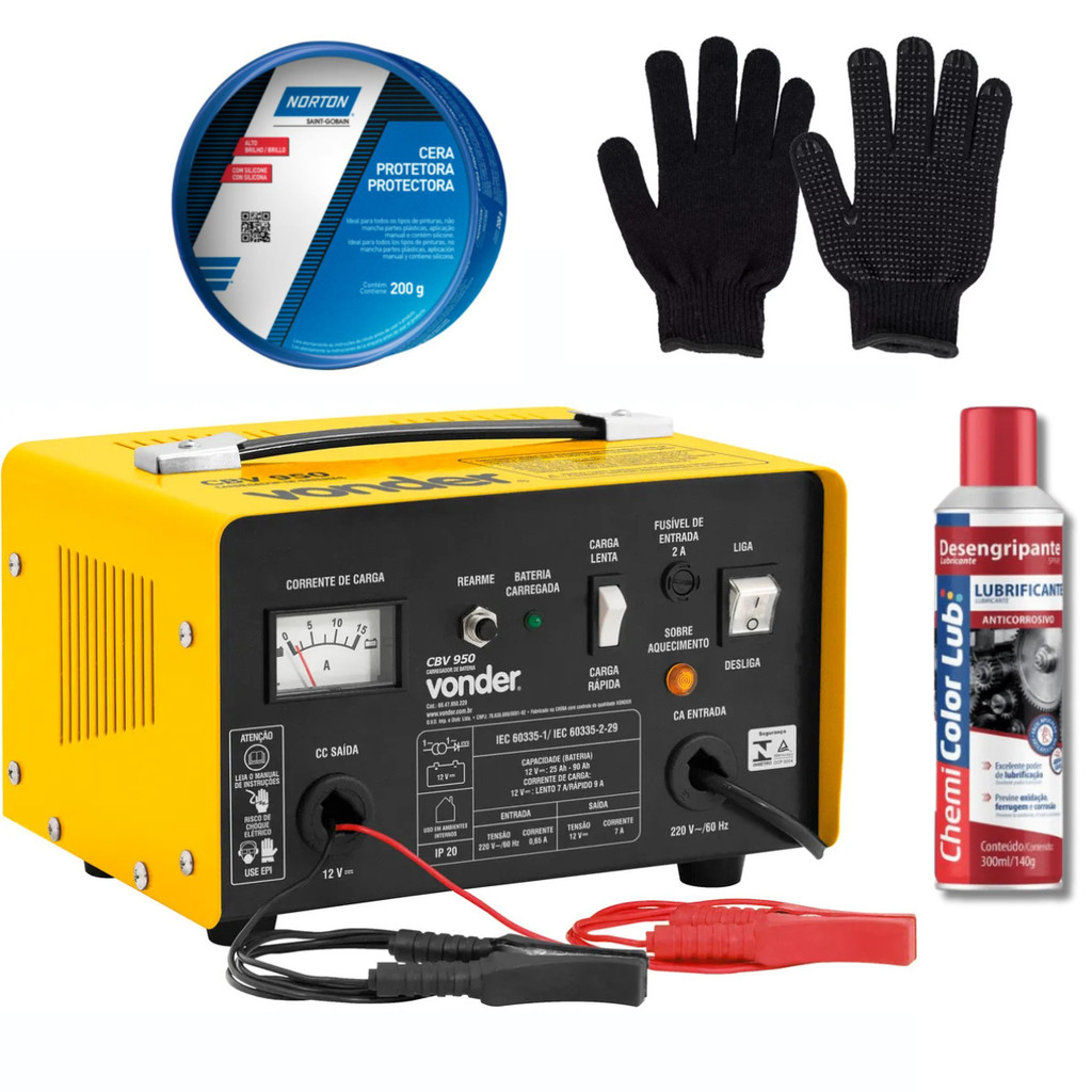 Carregador 12V Para Carros e Motos Vonder + Luva + Cera Automotiva + Desengripante