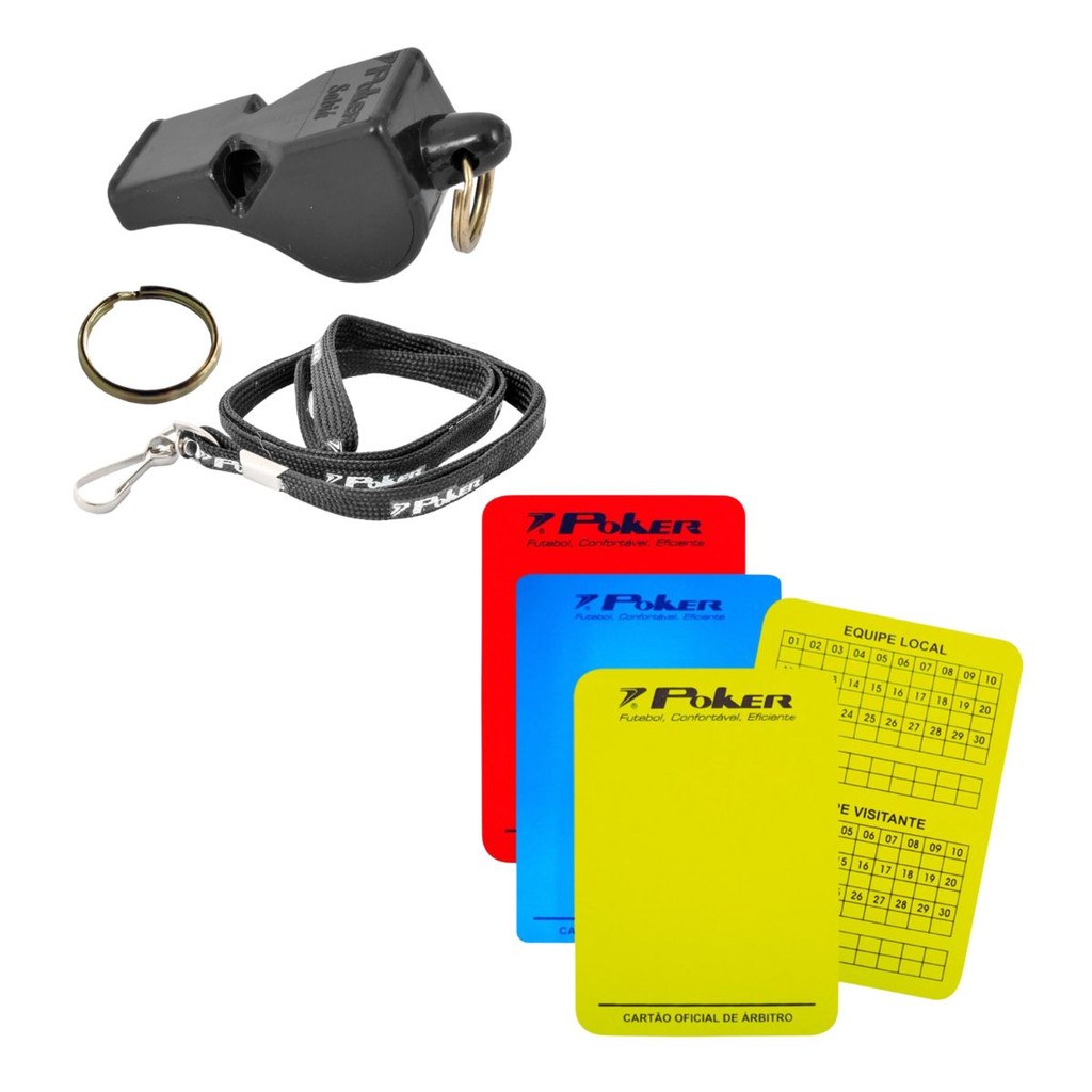Kit Arbitro Juiz Poker Apito Sabiá Preto Prófissional + 3 Cartão Oficial Futebol Campo Salão Society