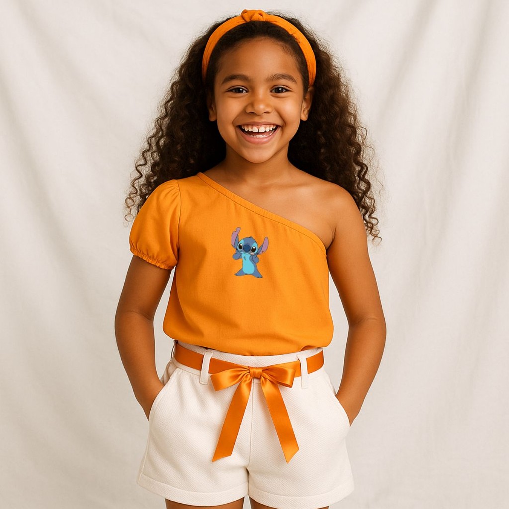 Kit Blusa  Infantil de um Ombro só Laranja Com Estampa do Stitch Dando Lingua Faixa e Shorts Branco