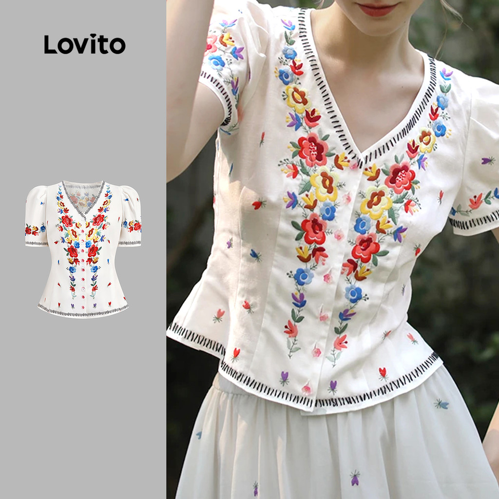 Lovito Blusa Multicolorida Boho Floral Com Botão Verão Primavera Para Mulheres LBL25305 - Women Clothes