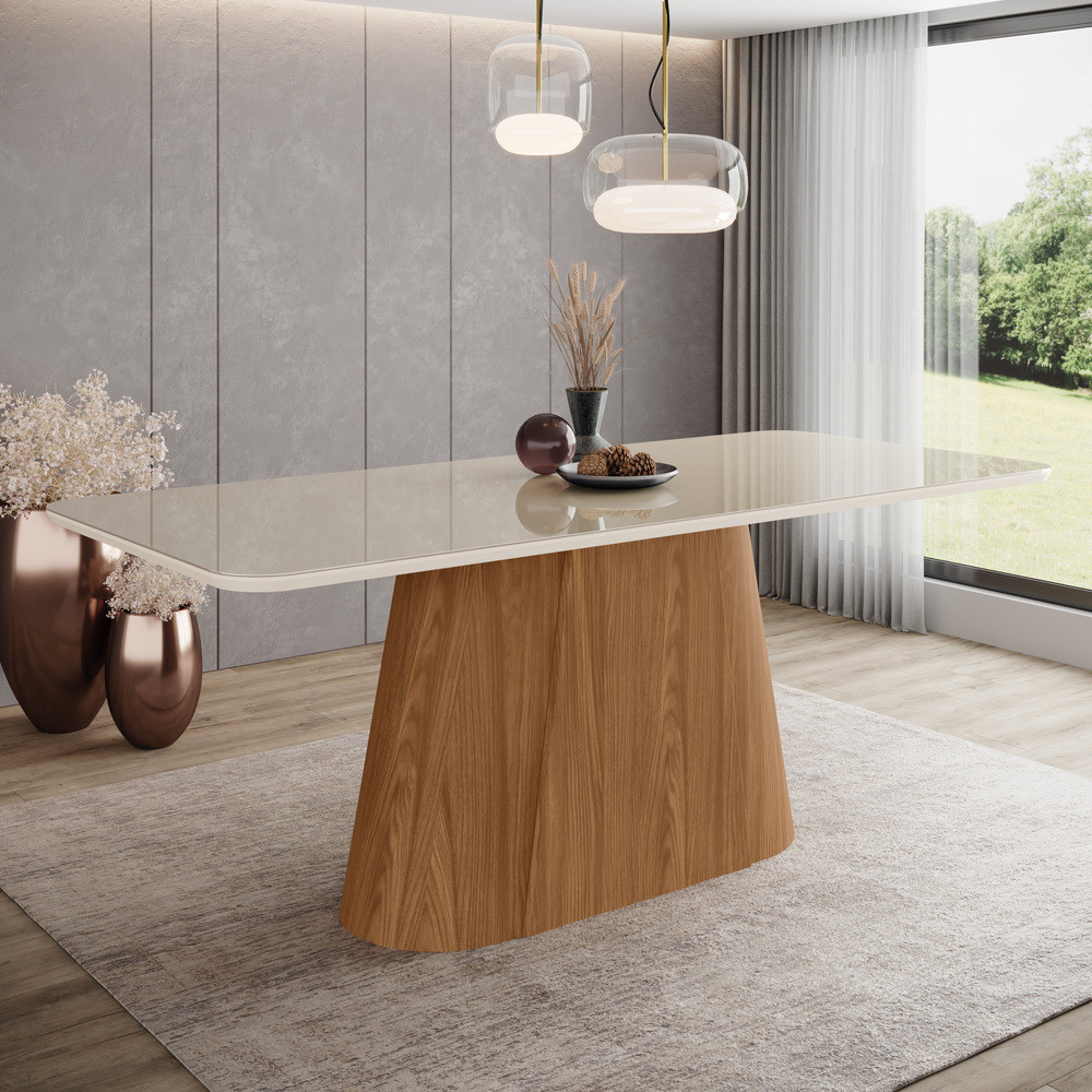 Mesa Olivia para 8 lugares Tampo 200cm com vidro Canto arredondado