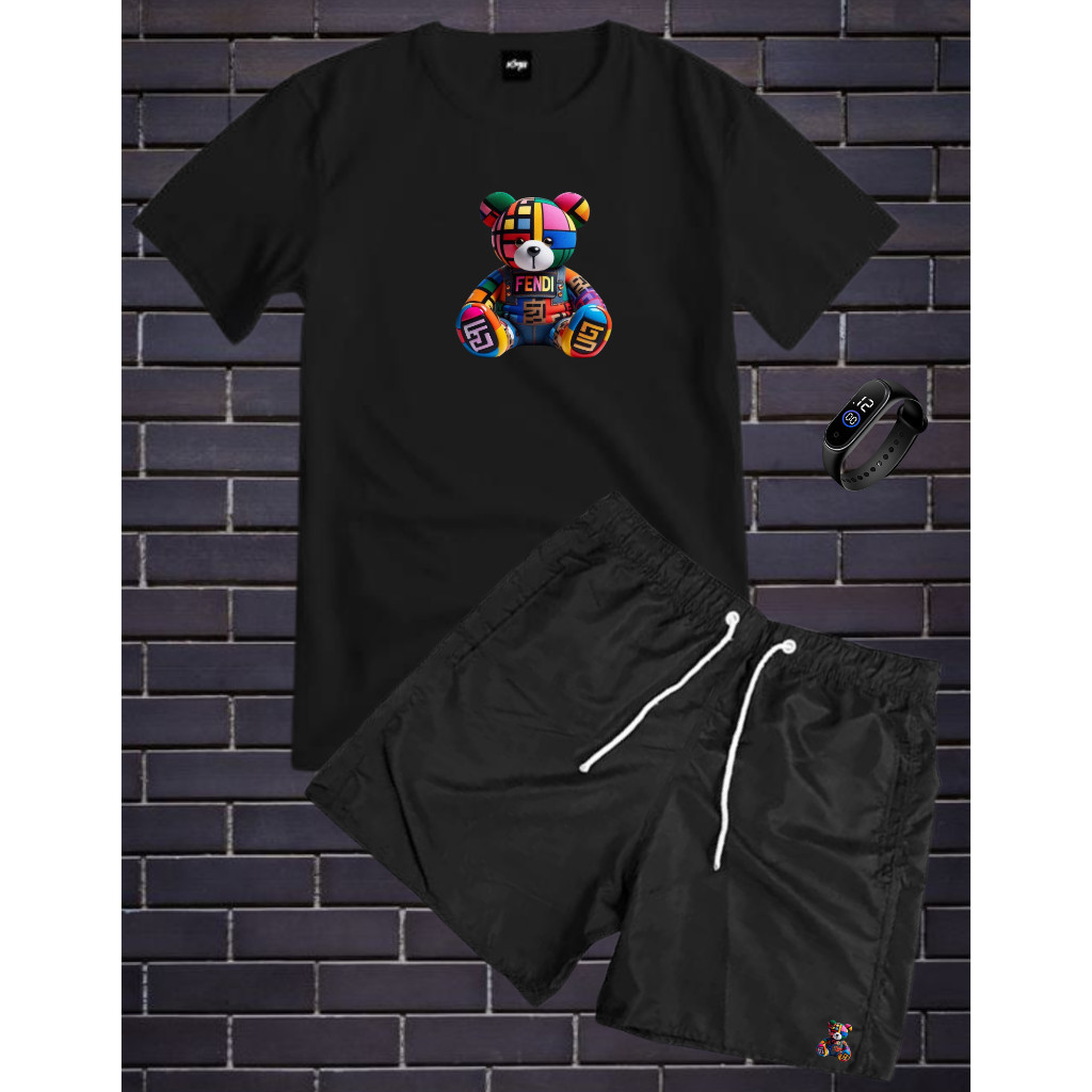 Conjunto Kit Masculino FND Camisa 100% Algodão Fio 30.1 + Bermuda Tactel Estampada + Relogio Digital