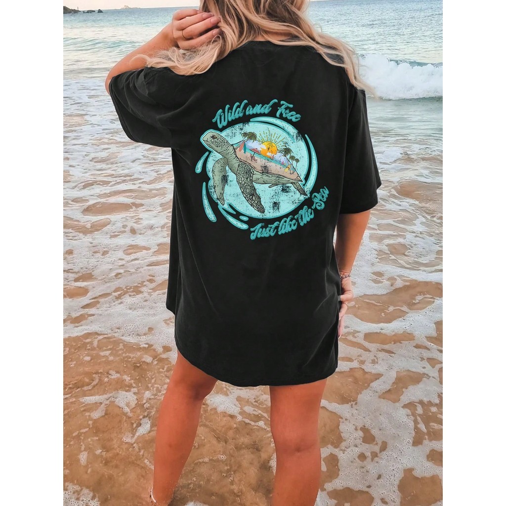 Camiseta Premium em Algodão PuroSISI Camiseta Oversized Feminina estampada Mar Tartaruga Estampa Praia cropped verão