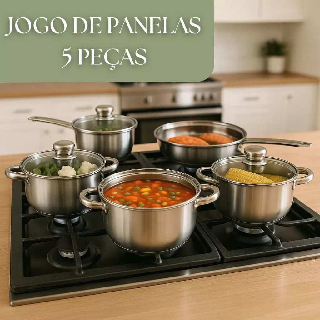 Conjunto Kit Panelas 5 Peça Tampa Vidro Aço Inox Panela Caçarola Frigideira Preparo Pressão Elétrica