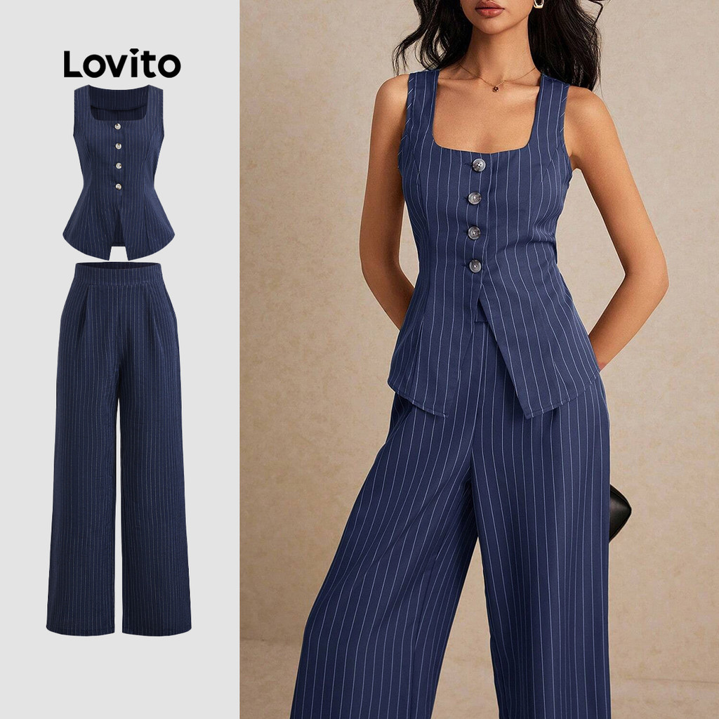 Lovito Conjunto Calça Blusa Listradas Elegantes Botões Frontais Amarração Costas Ideal Para Todas As Estações LBL23201 em Oferta na Shopee
