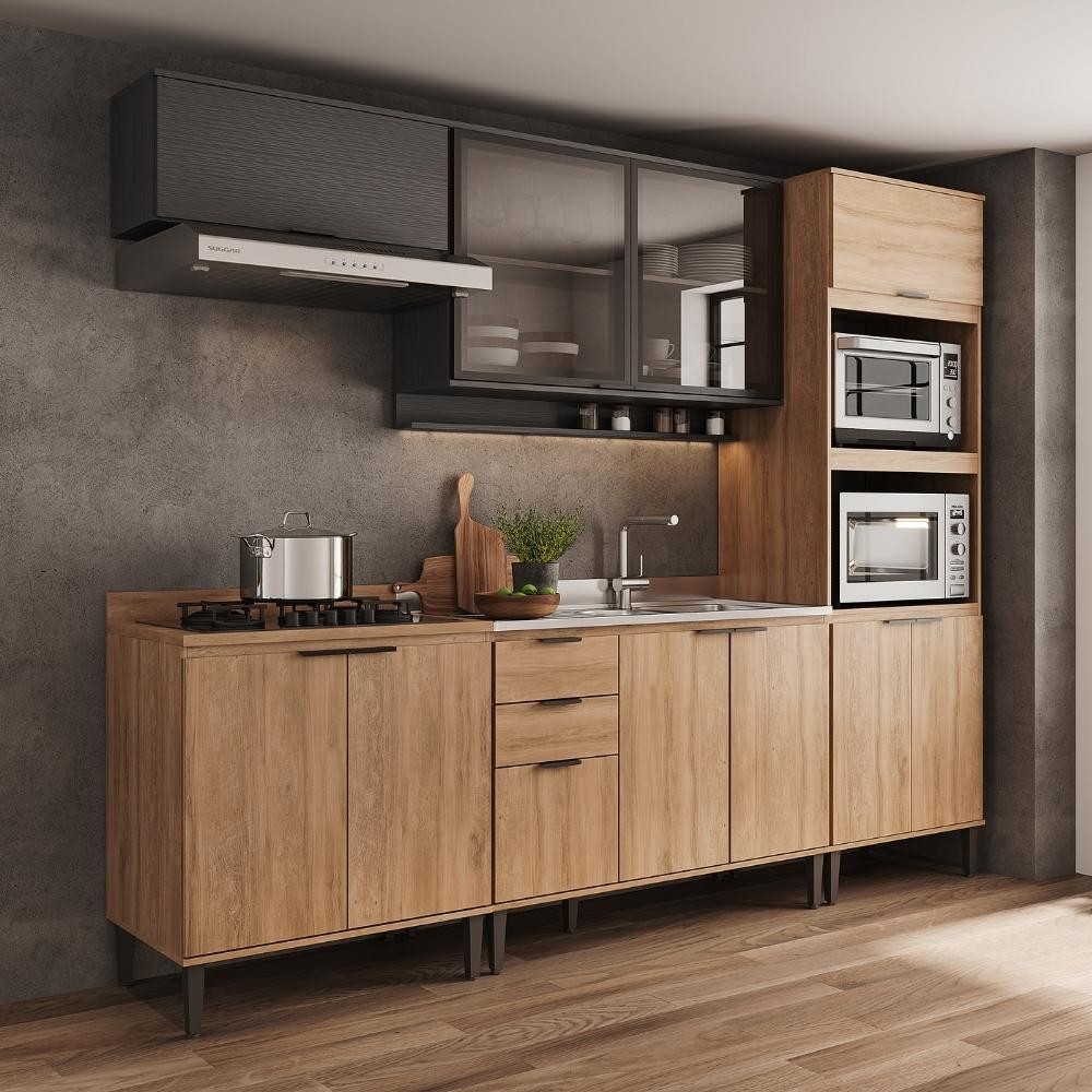 Armário de Cozinha Completa c Balcão Miami Studio Carraro Preto c Freijó - Home & Living