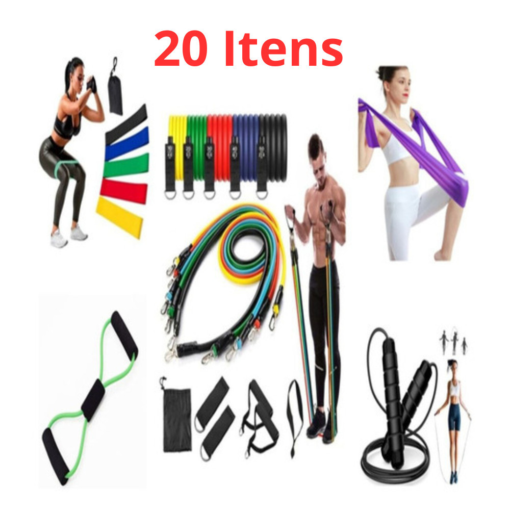 kit 20 Itens de Treino em casa Elásticos + Mini Band + Thera Band + Corda De Pular acessórios esportivos corda