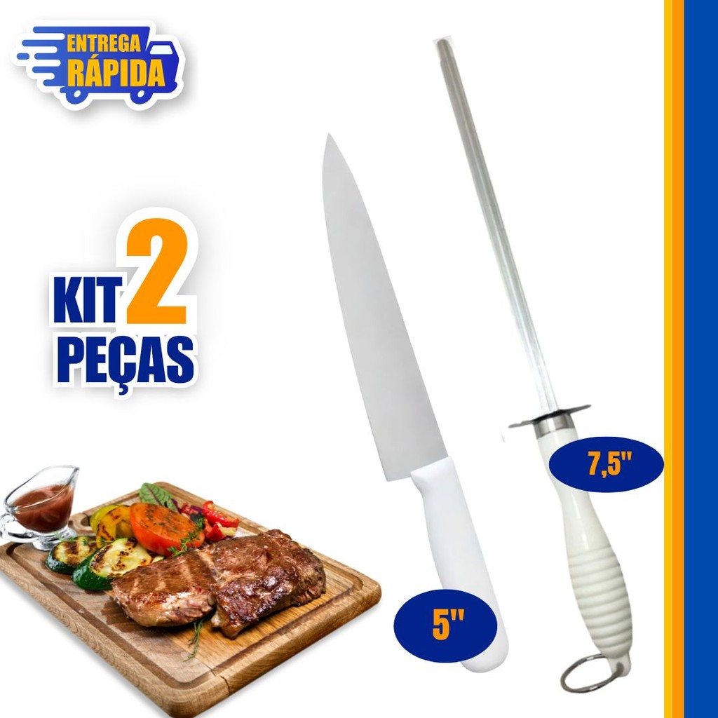 2 Peças 1 Faca Peixeira Profissional 5'' Pol e 1 chaira 7,5 p/ açougue restaurante cozinha Churrasco