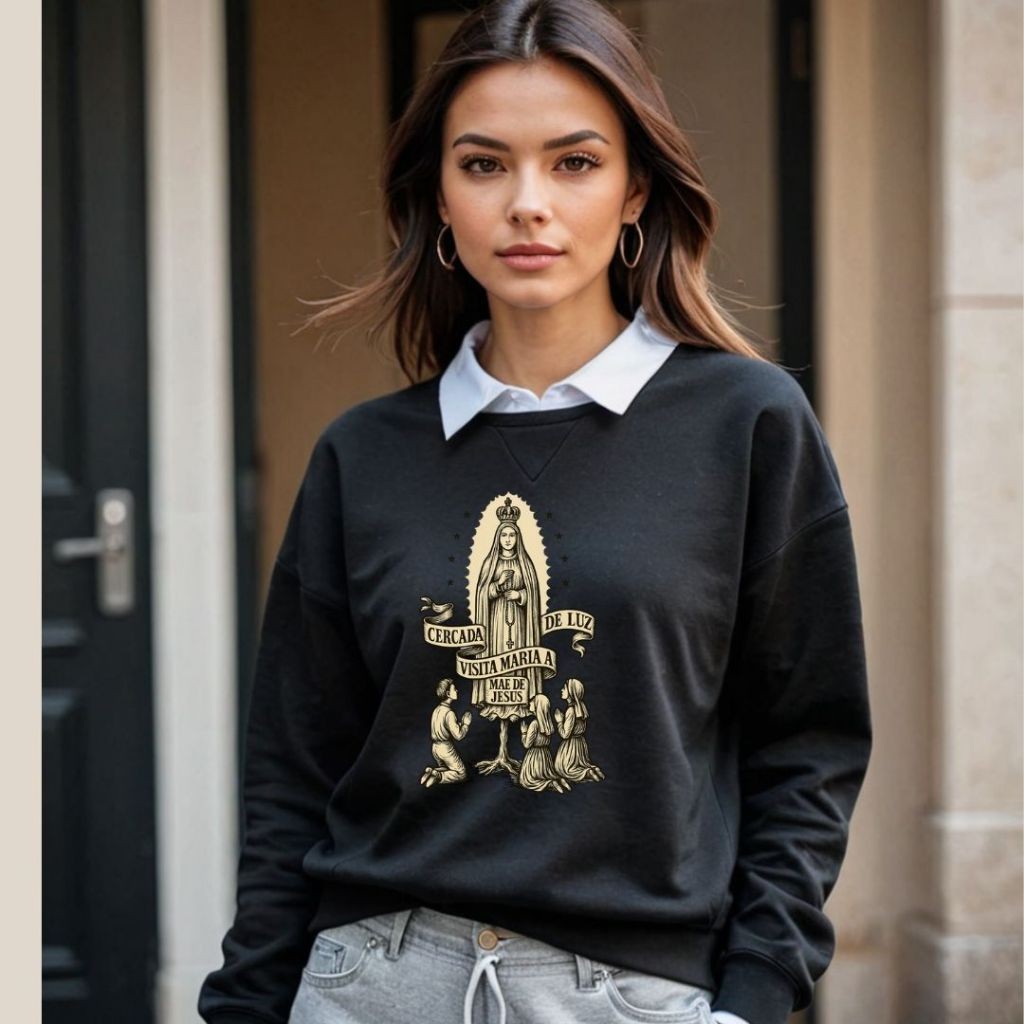 Moletom Católico Nossa Senhora de Fátima e os Pastorinhos Unissex - Modelo Careca - Adulto Blusa de Frio Católica