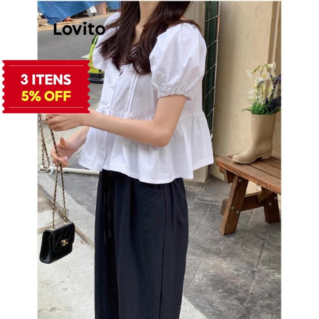 (Trendy) Lovito Blusa Casual Com Babados Lisos E Bainha Com Botões Para Mulheres LNE71652 - Women Clothes