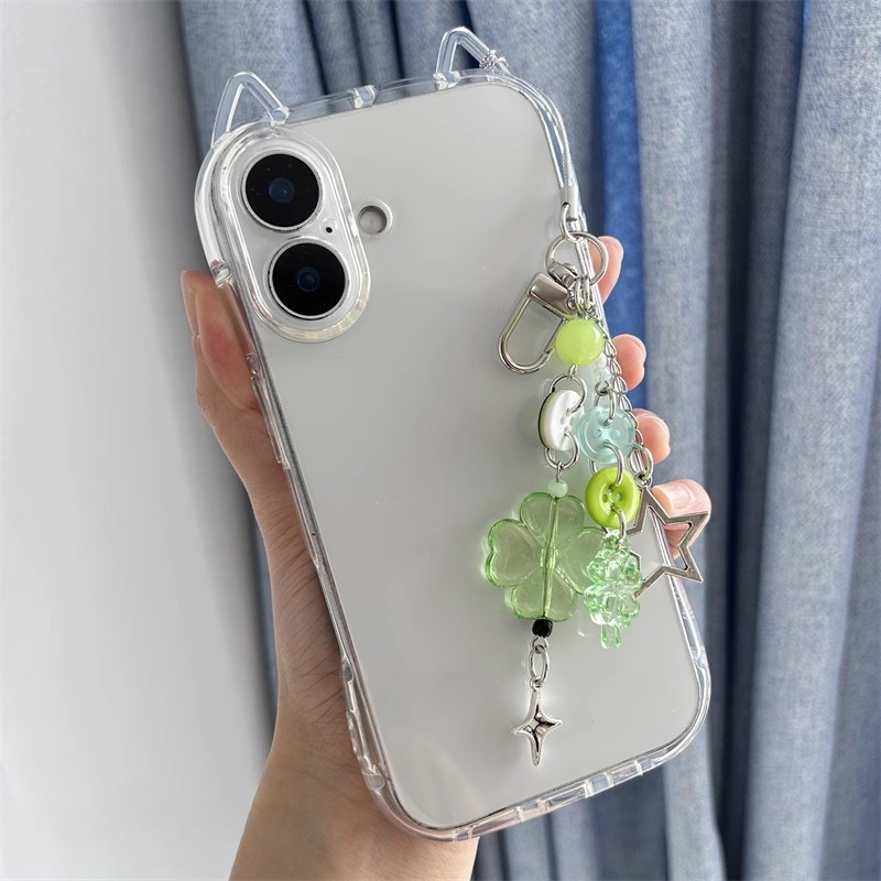 Moda 3D Bonito Orelhas De Gato Capa De Telefone Transparente + Estrela Trevo De Quatro Folhas Chaveiro Para iPhone 17 em Oferta na Shopee