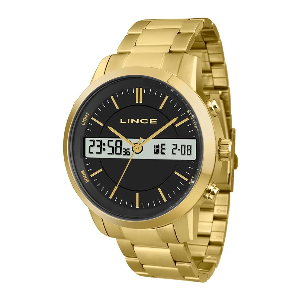 Relogio Lince Masculino digital e analógico dourado preto Anadigi prova de agua banhado folheado MAG4489L P1KX