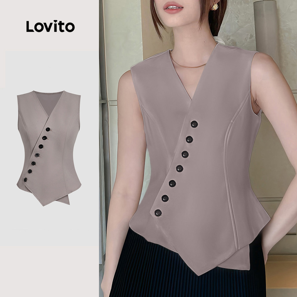 Detalhes do Lovito Blusa Sofisticada Assimétrica com Botões Clean de Primavera/verão em Marrom Mocha para Mulheres LB135LD400