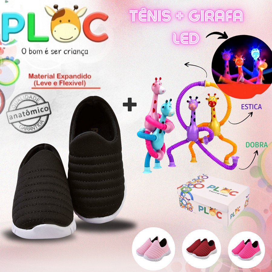 Kit Divertido Ploc - Tênis Calce Fácil Anatômico+ Girafa Ploc LED Estica e Puxa PRETO MENINA
