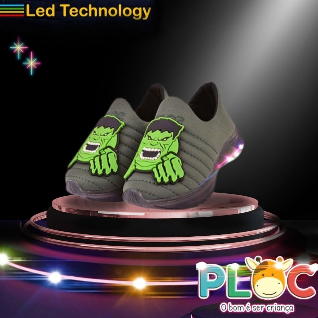 Tênis Led Infantil PLOC LED08 - VERDE HULK Menino Calce Fácil Anatômico PLOC LED08 - VERDE HULK