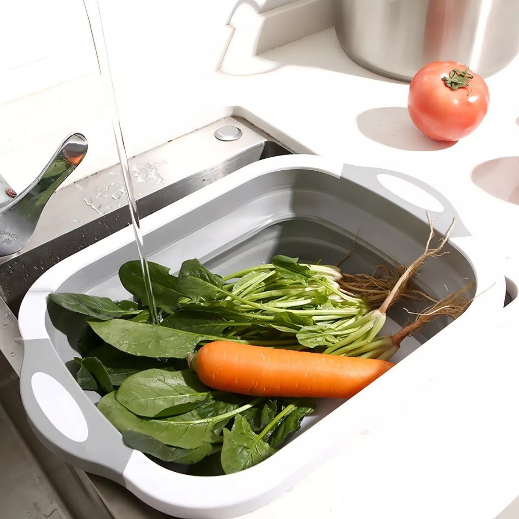Bacia Silicone Cortas Frutas Legumes Plantas Balde com Tabua Cortar Lavar Faca Casa Alimento Cozinha