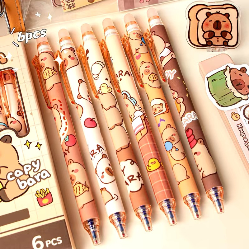 Kit 6 Canetas Gel Apagável Capivara Filó Papelaria Fofa Kawaii  Escrita Desenho Animado Escrita Preta Azul