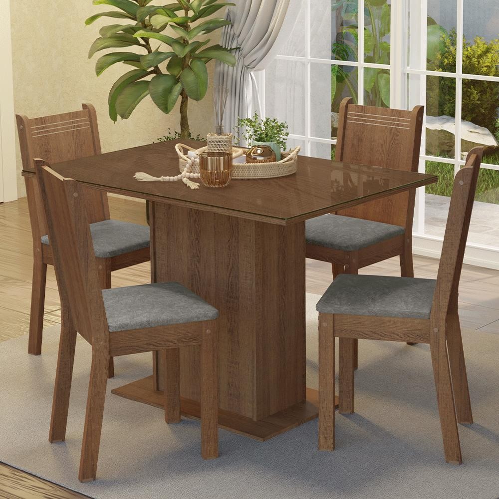 Conjunto Sala de Jantar Mesa Tampo de Vidro 4 Cadeiras Rustic/Silver Camélia Madesa em Oferta na Shopee