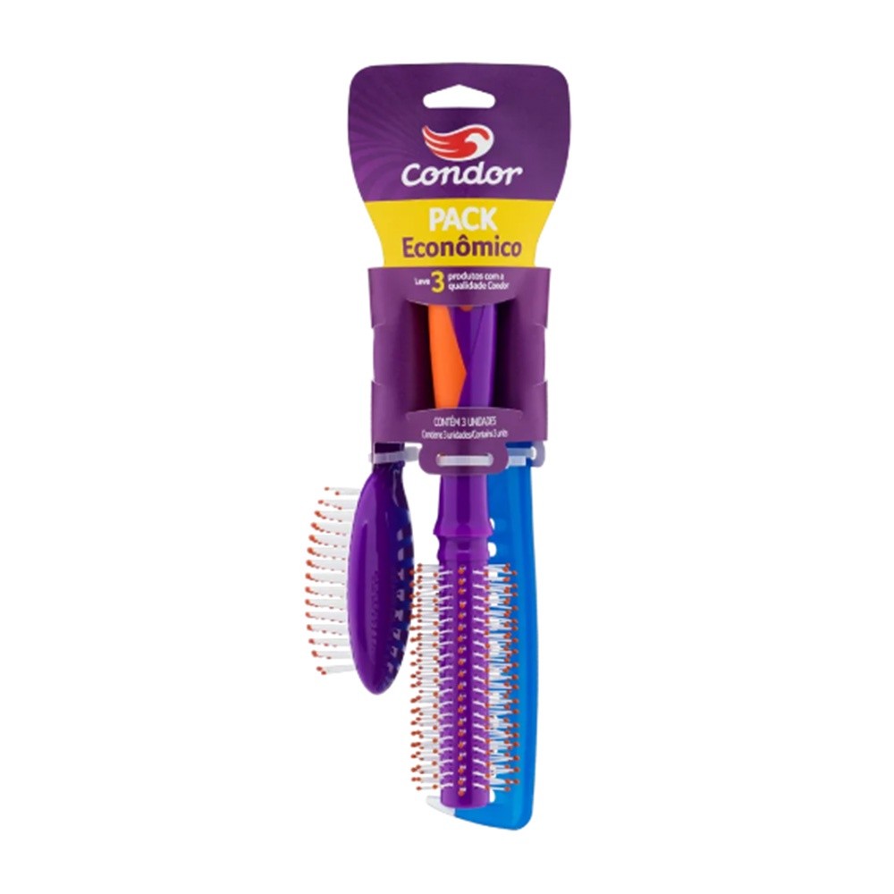 Kit 2 Escovas De Cabelo + 1 Pente Pack Joy - Condor
