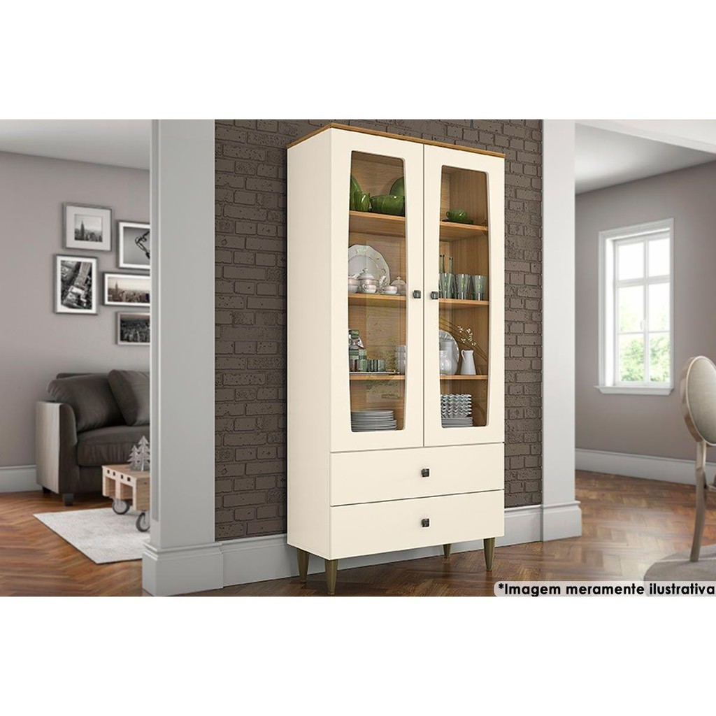 Cristaleira Sala Jantar Liz c/ 2 Portas c/ Vidro e 2 Gavetas Off White/Nature - Henn em Oferta na Shopee