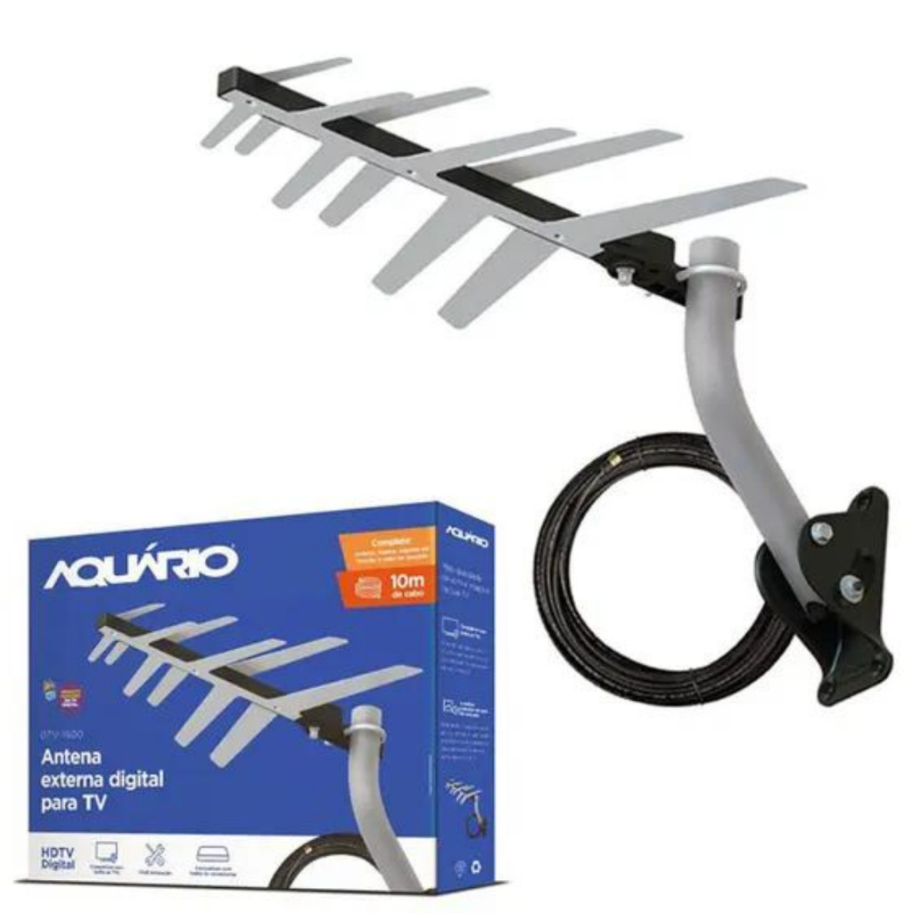 Antena Digital de TV Externa Aquário DTV-1500 com suporte e Cabo 10 Metros