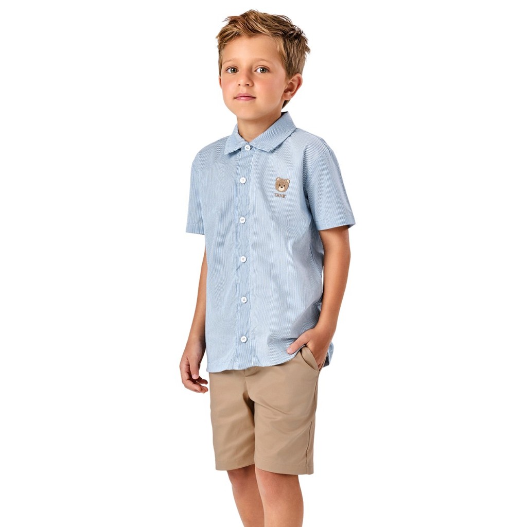 Conjunto Infantil Camisa Popeline Listrada Azu Bermuda Sarja