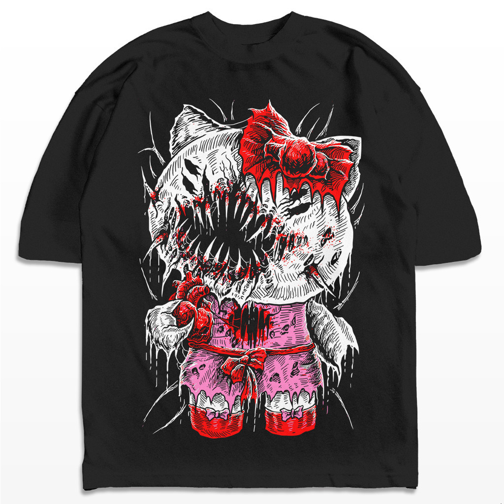 [Camiseta Premium em Algodão Puro]SISI Camiseta Oversized Hello Kitty Assassina Gótica Punk Camisa t shirt feminina