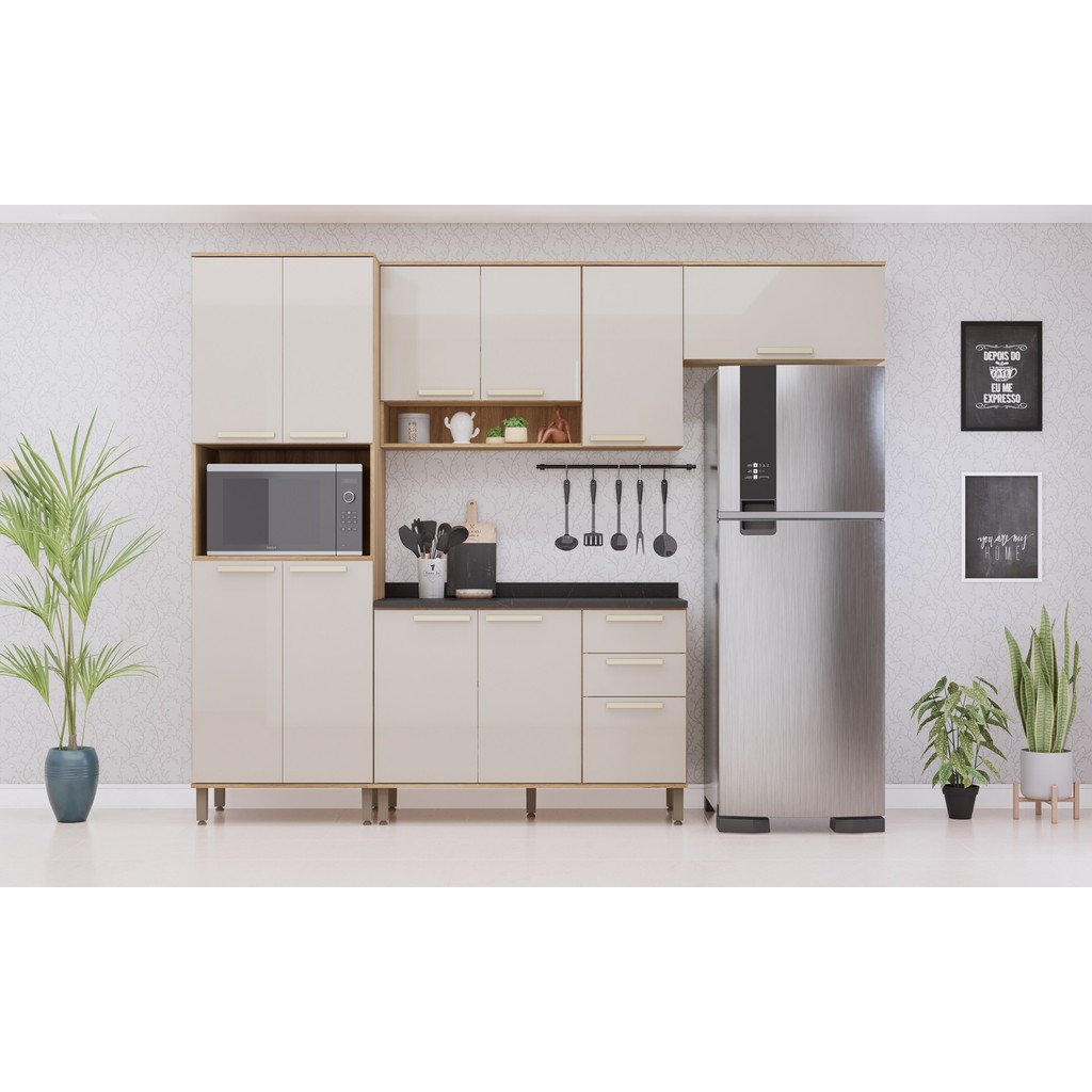 COZINHA MODULADA ISIS - TORRE - BALCÃO C/TAMPO - AEREO - ARMARIO BASCULANTE - AVELA/MOCCA -LUCIANE
