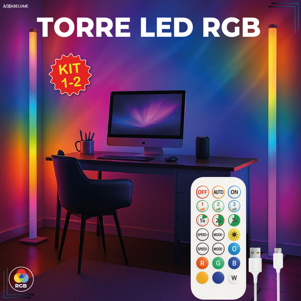 Kit 2 Luminária de Chão RGB LED 5050 Torre Inteligente com Controle 9.6W Barra Modo Música via USB - Home & Living