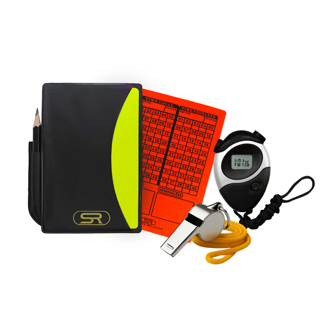 Kit Juiz de Futebol Cartão Numeral Fluo C/ Porta Cartão + Apito Metal com Cordão Sports Religion + Cronometro Digital