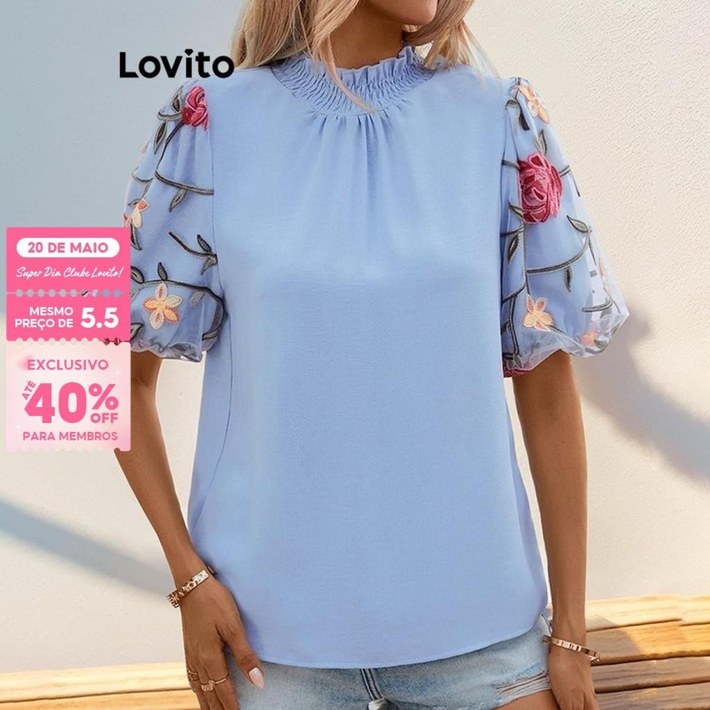 (Trendy) Lovito Blusa Casual Blusa De Malha Lisa Contrastante Para Mulheres LNL73106 - Women Clothes
