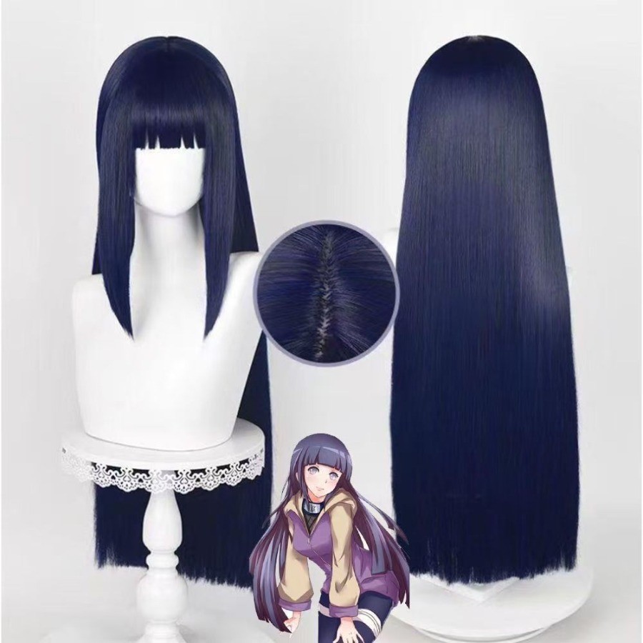Anime Naruto Hinata Hyuga Peruca Cosplay 80cm Longo Reto Azul Preto Resistente Ao Calor Cabelo Sintético Simulado Peruca