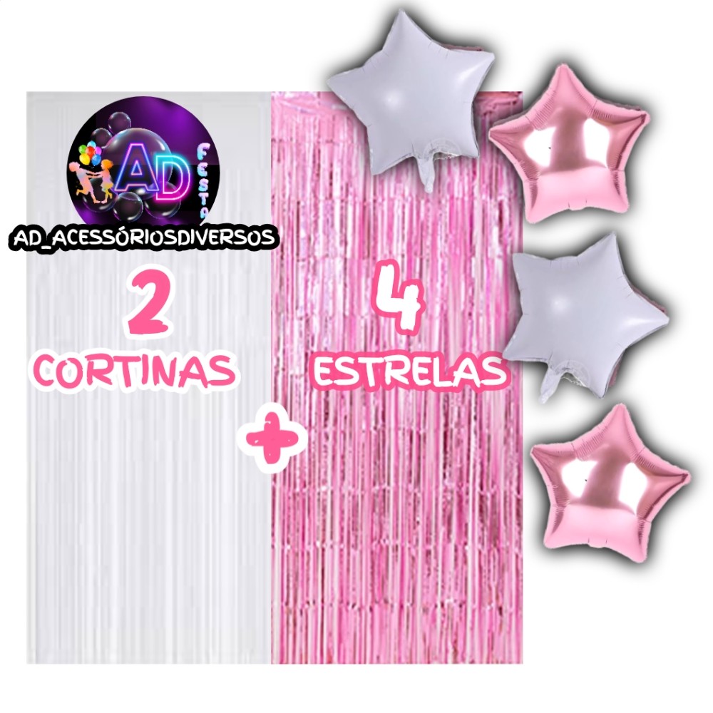Kit 2 Cortinas Metalizada + 4 Balões Estrelas, Decoração, Festa Temática, Aniversário, Adereços, Festival, Comemoração