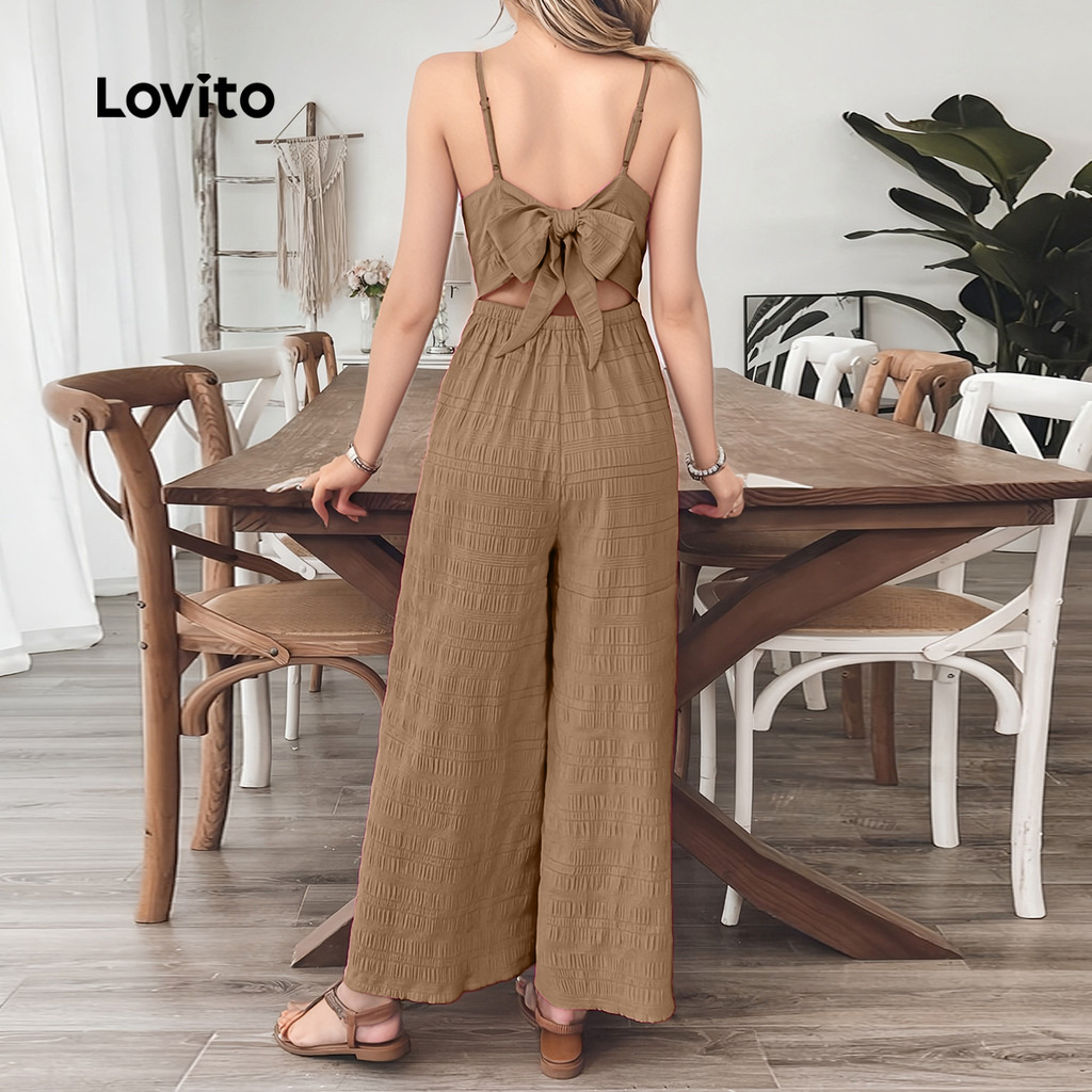 (Trendy) Lovito Macacão Boho Liso Plissado Com Laço Nas Costas Primavera/Verão Cáqui Para Mulheres L134ED951 em Oferta na Shopee