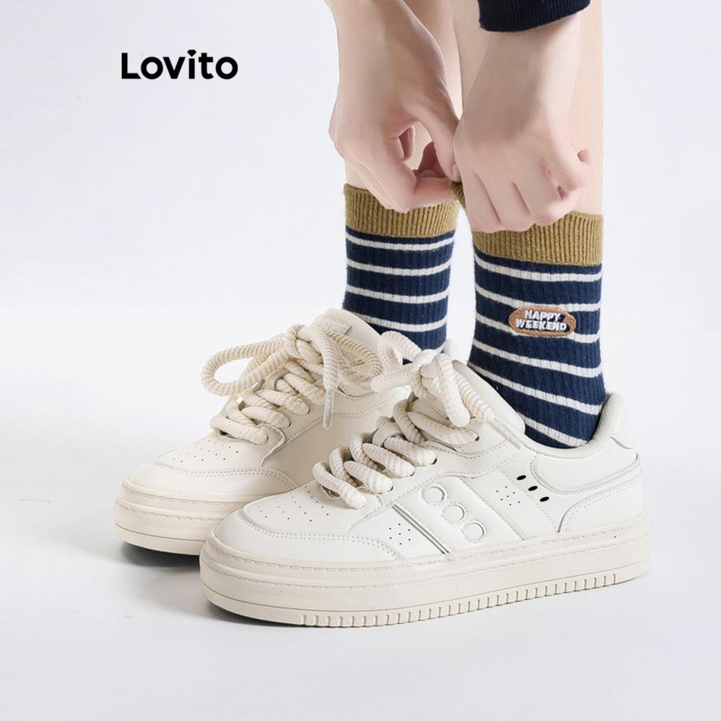 Lovito Sapatos esportivos lisos com sola grossa e branca, tênis largo e respirável de couro para mulheres LFA70230 - Women Shoes