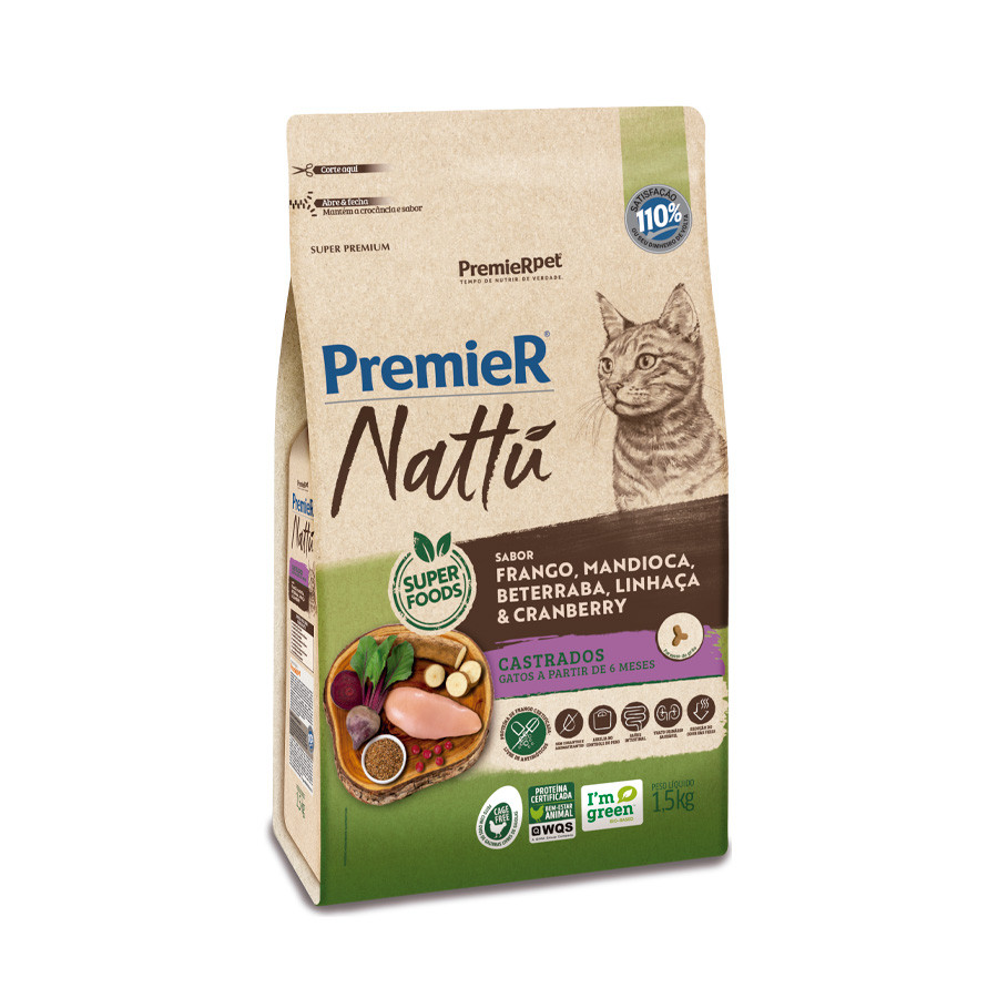 Ração Premier Nattu Gato Castrados Frango Mandioca Beterraba Linhaca 1,5Kg