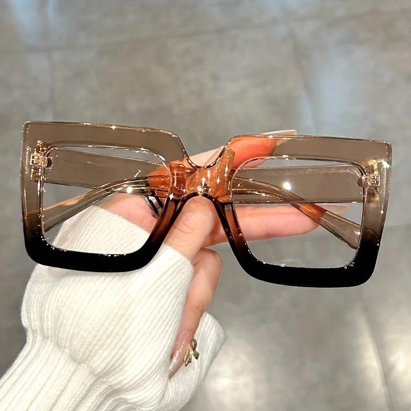 Óculos de Lente Transparente com Grande Armação Quadrada, Bloco de Cores, Óculos Decorativos de Moda para Mulheres